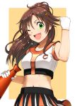  1girl bare_shoulders blush brown_hair commentary_request crop_top gloves green_eyes hair_ornament hairclip himekawa_yuki idolmaster idolmaster_cinderella_girls long_hair looking_at_viewer megaphone navel one_eye_closed open_mouth pettan_p skirt smile solo sweat white_gloves 