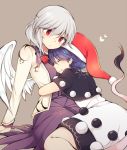  2girls blue_hair capelet closed_eyes doremy_sweet feathered_wings grey_hair hat heart hug jacket kishin_sagume long_sleeves multiple_girls nightcap open_clothes open_jacket pom_pom_(clothes) purple_skirt red_eyes simple_background single_wing sitting skirt tail tama_(soon32281) touhou white_wings wings yuri 