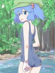  1girl :o ass bare_shoulders blue_eyes blue_hair clenched_hand forest from_behind gloves hair_bobbles hair_ornament hat jack_(wkm74959) kawashiro_nitori looking_back nature one-piece_swimsuit open_mouth river school_swimsuit short_hair short_twintails solo stream swimsuit touhou tree twintails two_side_up water white_gloves 