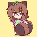  1girl animal_ears brown_eyes brown_hair chibi futatsuiwa_mamizou glasses kakinoki_mikan_(kari) leaf leaf_on_head pince-nez raccoon_ears raccoon_tail smile solo tail touhou 