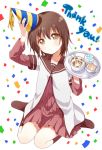  1girl birthday black_hair blush brown_eyes confetti english funami_yui hand_on_headwear happy_birthday hat kneehighs latte_art looking_at_viewer namori no_shoes party_hat school_uniform serafuku short_hair simple_background sitting solo thank_you wariza white_background yuru_yuri 