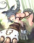  1girl ;3 ;d animal_ears arm_belt armor bangs blurry boots braid claw_(weapon) depth_of_field eyelashes fang granblue_fantasy grey_hair hair_between_eyes long_hair looking_at_viewer miniskirt one_eye_closed open_mouth pleated_skirt pounce red_eyes ryuinu sen_(granblue_fantasy) single_braid skirt smile solo very_long_hair weapon 