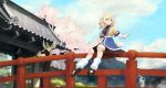  1girl arm_warmers bird blonde_hair blue_sky cherry_blossoms clouds green_eyes highres kinketsu leg_warmers mizuhashi_parsee open_mouth petals pointy_hair sash shirt sitting sitting_on_railing skirt sky smile solo touhou tree water waterfall 