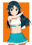  1girl bare_shoulders black_hair blue_eyes blush cheerleader commentary_request crop_top gloves idolmaster idolmaster_cinderella_girls long_hair midriff nanjou_hikaru navel pettan_p pleated_skirt skirt smile solo sweat white_gloves 