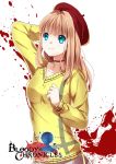  1girl aki_ishikawa beret blonde_hair blood blood_splatter bloody_chronicles blue_eyes choker copyright_name cross cross_necklace hat jewelry logo long_hair necklace official_art smile solo 