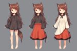  1girl animal_ears barefoot black_shirt brooch brown_hair full_body imaizumi_kagerou jewelry long_hair long_skirt long_sleeves red_eyes red_skirt shirt shone simple_background skirt smile solo standing tail touhou variations wolf_ears wolf_tail 