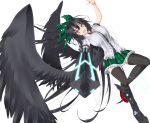  1girl arm_cannon black_hair black_legwear black_wings bow feathered_wings gmot hair_bow large_wings long_hair open_mouth red_eyes reiuji_utsuho solo touhou very_long_hair weapon white_background wings 