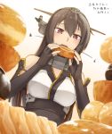  1girl bangs bare_shoulders black_gloves black_hair bread bread_in_mouth breasts doughnut dutch_angle eating elbow_gloves enosan fingerless_gloves food gloves hair_between_eyes headgear highres kantai_collection long_hair nagato_(kantai_collection) open_mouth red_eyes simple_background solo translated white_background 