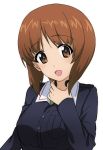  1girl ashiwara_yuu brown_eyes brown_hair girls_und_panzer highres looking_at_viewer military military_uniform nishizumi_miho open_mouth short_hair smile solo throat_microphone uniform 