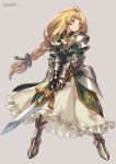  1girl armor armored_boots artist_name blonde_hair boots braid dress expressionless full_body green_eyes hair_ribbon highres holding holding_sword holding_weapon kotatsu_(g-rough) long_hair looking_away metal_gloves no_nose original ribbon signature single_braid solo sword vambraces weapon 