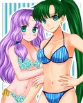  2girls 74 aqua_eyes bikini blue_bikini blush breasts circlet cleavage earrings fire_emblem fire_emblem:_rekka_no_ken floral_print florina green_eyes green_hair hand_on_hip jewelry long_hair long_ponytail lyndis_(fire_emblem) multiple_girls navel ponytail purple_hair side-tie_bikini smile striped striped_bikini swimsuit 