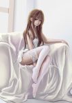  1girl armchair between_legs brown_hair chair closed_mouth collarbone earrings hand_between_legs highres jewelry lace lace-trimmed_thighhighs long_hair looking_to_the_side nightgown orange_eyes pinup shiraha_(pixiv10239953) sitting smile solo thigh-highs white_legwear 