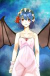  1girl absurdres bare_arms bare_shoulders bat_wings blue_background blue_hair collarbone crying crying_with_eyes_open hairband highres lolita_hairband looking_at_viewer md5_mismatch nightgown rain red_eyes remilia_scarlet ribbon scroll_lock_(scrool5) short_hair sleeveless solo tears touhou wet wings wrist_cuffs 