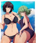  2girls ass bangs bikini black_bikini black_hair black_ribbon blunt_bangs breasts closed_mouth collarbone contrapposto cowboy_shot curly_hair expressionless eyebrows eyebrows_visible_through_hair from_behind front-tie_bikini front-tie_top fubuki_(one-punch_man) green_eyes heart highres large_breasts looking_back miyuki-tsukiyono multiple_girls one-punch_man parted_lips purple_swimsuit ribbon shiny shiny_skin short_hair siblings side-tie_bikini signature sisters swimsuit tatsumaki teeth 