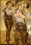  1girl belt blonde_hair blue_eyes boots breasts cowboy_boots cowboy_hat from_below gun hat highres juliona_trans long_hair looking_at_viewer open_clothes open_mouth open_shirt shirou_masamune shirt smile weapon western wild_wet_west 
