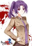  1girl blood blood_splatter bloody_chronicles copyright_name hand_on_hip logo looking_at_viewer official_art pink_eyes ponytail purple_hair smile solo suzumi_misao 