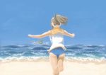  1girl aichi_e16a airplane barefoot beach blurry brown_hair commentary from_behind horizon i-401_(kantai_collection) kantai_collection landing muted_color ocean outstretched_arms ponytail running school_swimsuit seaplane short_ponytail sky solo swimsuit swimsuit_under_clothes vent_arbre water waves 