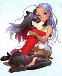  2girls absurdres black_hair boots bracelet dark_skin earrings facial_mark fate/extra fate/extra_ccc fate_(series) forehead_mark glasses gloves high_heel_boots high_heels highres hug jewelry long_hair multiple_girls mutual_hug official_art purple_hair rani_viii smile thigh-highs thigh_boots toosaka_rin violet_eyes wada_aruko white_gloves 