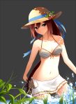  1girl absurdres ariinine bikini bikini_skirt blue_eyes blue_ribbon breasts brown_hair cleavage female front-tie_bikini front-tie_top grey_background hat highres long_hair looking_at_viewer navel original partially_submerged ribbon smile solo straw_hat striped striped_bikini swimsuit wading water 