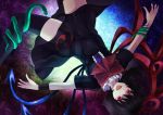  1girl :d asymmetrical_wings black_dress black_hair black_legwear bow bowtie buttons dress fangs houjuu_nue looking_at_viewer open_mouth outstretched_arms red_bow red_bowtie red_eyes short_hair short_sleeves smile snake solo thigh-highs touhou wings wristband yuha_(yh-krm) zettai_ryouiki 
