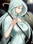 1girl breasts dark_souls fur horns kawa-v long_hair monster_girl priscilla_the_crossbreed scales scythe solo souls_(from_software) weapon white_hair yellow_eyes 