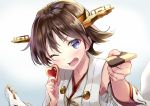  1girl ;d blue_eyes brown_hair checkerboard_cookie cookie food hairband hiei_(kantai_collection) kakao_rantan kantai_collection nontraditional_miko one_eye_closed open_mouth ribbon-trimmed_sleeves ribbon_trim short_hair smile solo 