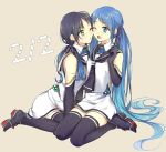  2girls black_gloves black_hair black_legwear blue_eyes blue_hair blush cheek-to-cheek elbow_gloves full_body gloves gradient_hair green_eyes hair_ribbon kantai_collection long_hair multicolored_hair multiple_girls neckerchief number one_eye_closed open_mouth puckered_lips ribbon sailor_collar samidare_(kantai_collection) shiba_0 shirt shoes simple_background sitting skirt sleeveless sleeveless_shirt suzukaze_(kantai_collection) thigh-highs twintails very_long_hair wariza 