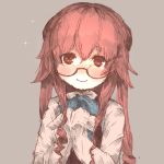  1girl blouse glasses gurin33 kantai_collection long_sleeves looking_at_viewer makigumo_(kantai_collection) pink_hair sleeves_past_wrists smile solo twintails white_blouse 