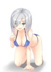  1girl all_fours bikini blue_bikini breasts cleavage collarbone fang grey_eyes hair_ornament hairclip hamakaze_(kantai_collection) highres kantai_collection large_breasts ootsuki_momiji open_mouth paw_pose silver_hair smile solo swimsuit 