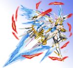  1girl absurdres alfred_cullado armor blonde_hair brave_frontier breasts highres lilith_(brave_frontier) mecha_musume red_eyes short_hair solo sword weapon wings 