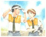  1boy 1girl adjusting_clothes adjusting_hat black_eyes black_hair clouds dated eye_contact gloves graphite_(medium) hat helmet izumi_noa kidou_keisatsu_patlabor looking_at_another looking_back muted_color necktie open_mouth redhead road shinohara_asuma short_hair sky smile street traditional_media uniform upper_body ususionorisio visor_cap walking watch watch watercolor_(medium) white_gloves 