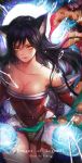  1girl ahri animal_ears bare_shoulders bibiko black_hair breasts cleavage facial_mark highres league_of_legends long_hair looking_at_viewer smile solo yellow_eyes 