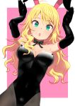  1girl :o ahoge animal_ears black_gloves blonde_hair breasts bunny_pose bunnysuit cleavage elbow_gloves gloves green_eyes hoshii_miki idolmaster long_hair looking_at_viewer open_mouth pantyhose pettan_p rabbit_ears solo wavy_hair 