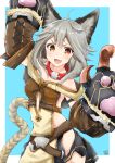  &gt;:3 1girl :3 ahoge animal_ears bare_shoulders belt blush braid breasts brown_eyes center_opening claw_(weapon) collar fangs gloves granblue_fantasy grey_hair long_hair looking_at_viewer nayuhi_(yukimuu14) open_mouth sen_(granblue_fantasy) side_cutout simple_background sleeveless solo upper_body very_long_hair weapon 