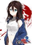  1girl bare_shoulders blood blood_splatter bloody_chronicles blue_eyes blue_jacket breasts copyright_name crop_top jacket kaoru_moriyama logo long_hair long_sleeves looking_at_viewer midriff navel off_shoulder official_art open_clothes open_jacket shadow solo stomach upper_body 