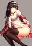  1girl artist_request black_hair blue_eyes blush breasts grey_background hairband idolmaster idolmaster_cinderella_girls long_hair looking_at_viewer off-shoulder_sweater open_mouth ribbed_sweater sagisawa_fumika shawl simple_background solo sweater thigh-highs thighs yomono 