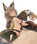  1girl :d animal_ears armlet bangs belt blush braid breasts brown_eyes claw_(weapon) claw_pose collar cowboy_shot elbow_gloves erun_(granblue_fantasy) fangs gloves granblue_fantasy grey_hair hair_between_eyes highres hood leaning_forward long_hair looking_at_viewer looking_to_the_side low-tied_long_hair lying midriff miniskirt on_stomach open_mouth pleated_skirt red_eyes sen_(granblue_fantasy) side_slit sideboob simple_background skirt smile solo thighs tokopi weapon white_background 