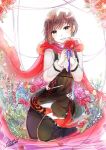  1girl black_hair cape flower looking_at_viewer pantyhose redhead ricemo rose ruby_rose rwby short_hair solo 