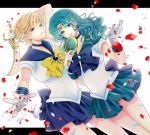  2girls aqua_hair aqua_skirt bishoujo_senshi_sailor_moon blonde_hair blue_bow blue_eyes blue_skirt bow brooch choker cowboy_shot deep_aqua_mirror dutch_angle expressionless gloves jewelry kaiou_michiru kairi_(oro-n) letterboxed long_hair looking_at_viewer magical_girl multiple_girls neptune_symbol outer_senshi petals pleated_skirt sailor_collar sailor_neptune sailor_senshi sailor_uranus short_hair skirt smile space_sword sword ten&#039;ou_haruka tiara wavy_hair weapon white_background white_gloves yellow_bow 