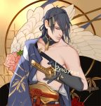  1boy artist_name black_gloves black_hair closed_eyes flower gloves hairband japanese_clothes male_focus mikazuki_munechika partially_undressed rose rynisyou sheath sheathed signature solo sword touken_ranbu upper_body weapon 