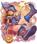  1girl bare_shoulders blonde_hair blush boots breasts cleavage dark_magician_girl duel_monster green_eyes hat long_hair okakan one_eye_closed open_mouth pentacle smile solo staff wizard_hat yuu-gi-ou yuu-gi-ou_duel_monsters 