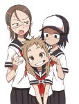  3girls ashita_wa_doyoubi_haru_natsu black_hair brown_eyes brown_hair cheek_pinching glasses hat highres long_hair mina_(ashita_wa_doyoubi_haru_natsu) multiple_girls pinching sanae_(ashita_wa_doyoubi_haru_natsu) school_uniform serafuku short_hair yamamoto_souichirou yukari_(ashita_wa_doyoubi_haru_natsu) 