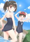  2girls :d :o adjusting_clothes adjusting_swimsuit armpits arms_up ass black_hair blush brown_hair chain-link_fence clouds competition_school_swimsuit fence goggles hat itachi_maki long_hair looking_back multiple_girls one-piece_swimsuit open_mouth original outdoors ponytail pool red_eyes school_swimsuit short_hair sky smile swim_cap swimsuit wading water 