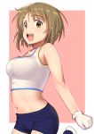  1girl bare_shoulders blush breasts brown_eyes brown_hair gloves idolmaster idolmaster_cinderella_girls large_breasts looking_at_viewer mimura_kanako navel open_mouth pettan_p short_hair shorts smile solo sweat tank_top white_gloves 