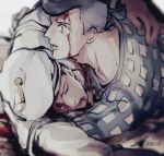  2boys black_hair blood blood_from_mouth blood_on_face blurry crying dated grey_hair hat jojo_no_kimyou_na_bouken jojolion kira_yoshikage_(jojolion) kuujou_josefumi lying male_focus multiple_boys open_mouth pompadour rena_(renasight) sailor_hat streaming_tears tears 