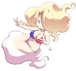  1girl alternate_costume alternate_hair_color american_flag_bikini bikini blonde_hair blue_eyes blush breasts cleavage enraenra_(youkai_watch) female flag_print hair_over_one_eye large_breasts long_hair navel nollety smile solo swimsuit v white_background wide_hips youkai youkai_watch 