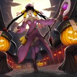  banajune bare_shoulders barefoot black_hair chinese_clothes choker collarbone dragon eastern_dragon from_below full_moon halloween hat jack-o&#039;-lantern jiangshi krita_(software) lantern long_hair moon multiple_tails night ofuda open_mouth original purple_clothes purple_legwear skirt solo_focus staff stone_floor tail thigh-highs tiptoes toeless_legwear toeless_socks very_long_hair yellow_eyes 