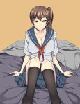  1girl blanket breasts brown_eyes brown_hair cleavage commentary futon highres kaga_(kantai_collection) kantai_collection large_breasts long_hair looking_at_viewer neckerchief on_bed pillow pleated_skirt school_uniform serafuku side_ponytail skirt smile solo wangphing 