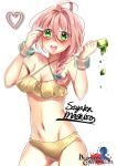 1girl :d ahoge armpits bare_shoulders bikini bloody_chronicles blush bow bracelet breasts cleavage collarbone copyright_name cowboy_shot criss-cross_halter glasses green_eyes hair_bow halter_top halterneck heart jewelry logo looking_at_viewer michiko_sazama navel official_art open_mouth pink_hair popsicle seiyuu side_ponytail simple_background smile solo swimsuit white_background 