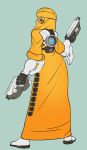  1girl adapted_costume boots brown_eyes burqa covered_face dual_wielding from_behind goggles greenmarine gun handgun highres looking_back overwatch parody pistol satire solo tracer_(overwatch) weapon 